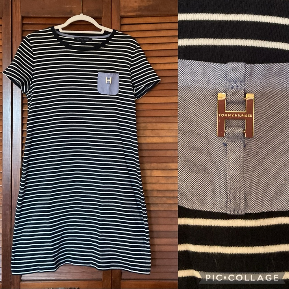 Tommy Hilfiger navy stripe jersey dress with pocket detail. Size large.